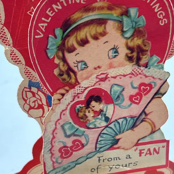 Vintage Pull Down Valentine Card Girl Fan Folding Flowers Roses USA Ephemera - Picture 4 of 13